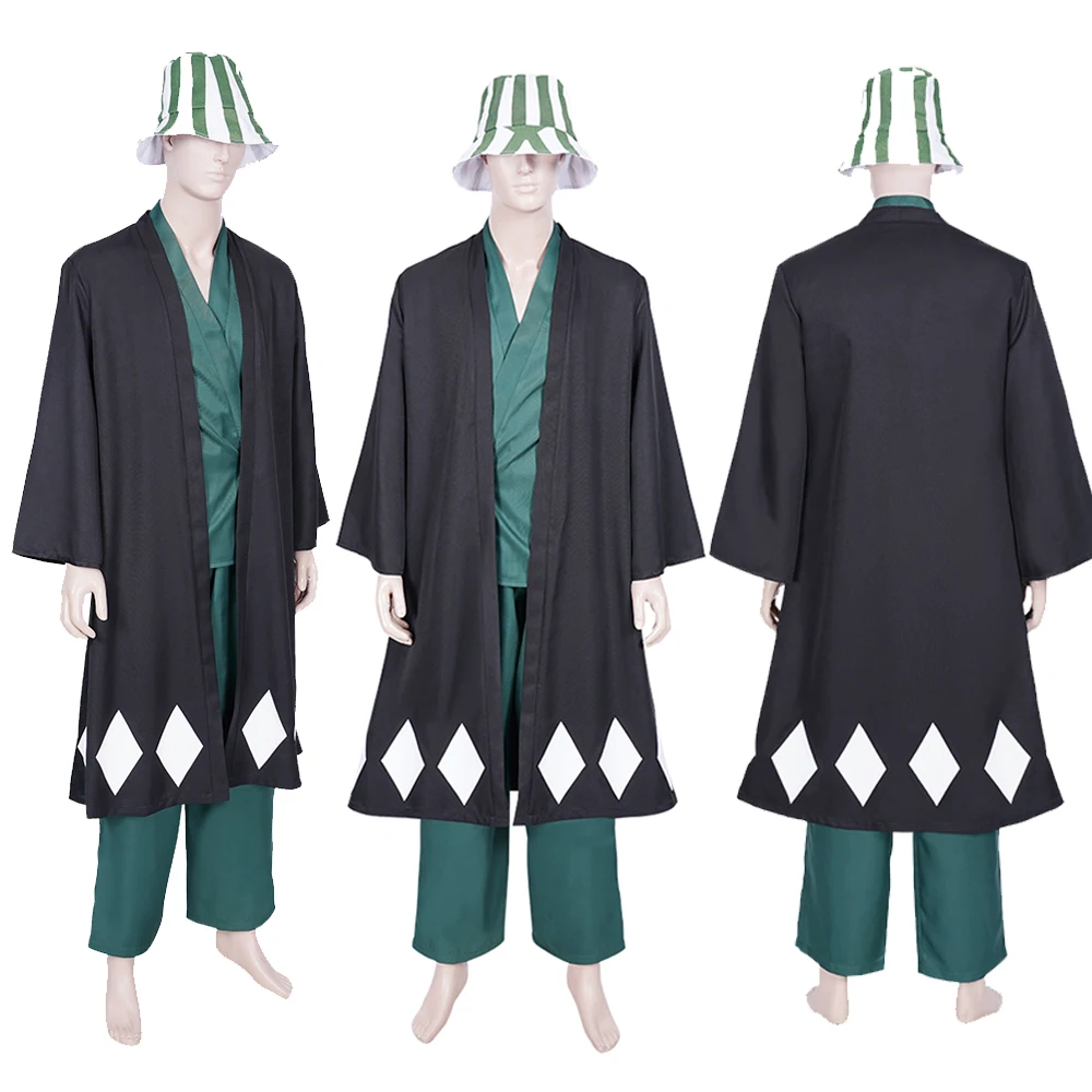 Anime Blieach Urahara Kisuke Fato de Cosplay Masculino, Trajes de RPG, Tops de capa, calças e chapéu, roupas de festa extravagantes, adulto masculino