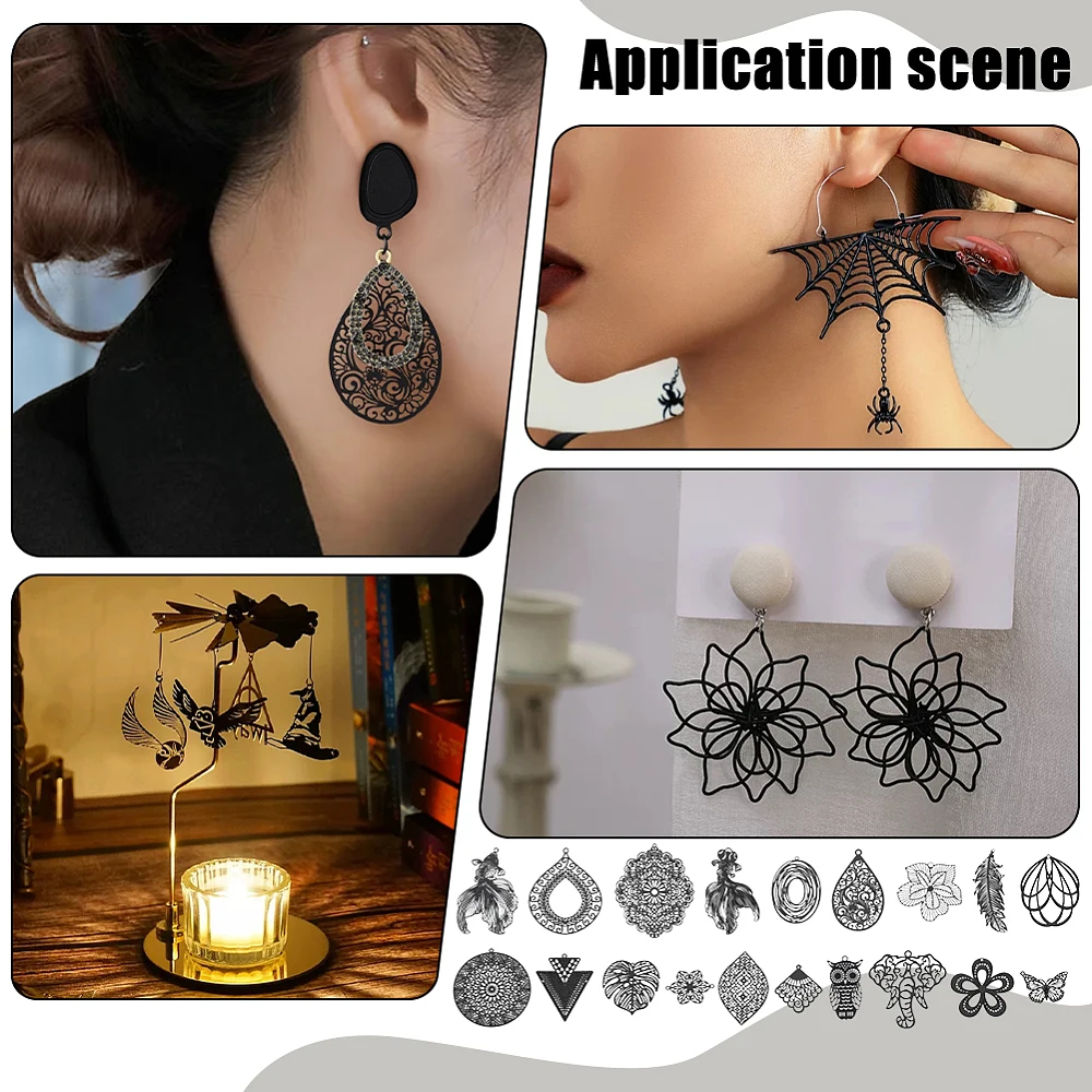 38pcs Stainless Steel Filigree Charms 19 Style 1~2 inch Black Flower Animal Leaf Pendants Filigree Metal Pendant for Steampunk