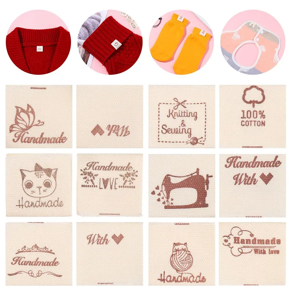 50PCS Handmade With Love Cloth Garment Labels Cartoon Cat Love Heart Woven Knitted Supplies Sewing Accessories Clothing Tags DIY