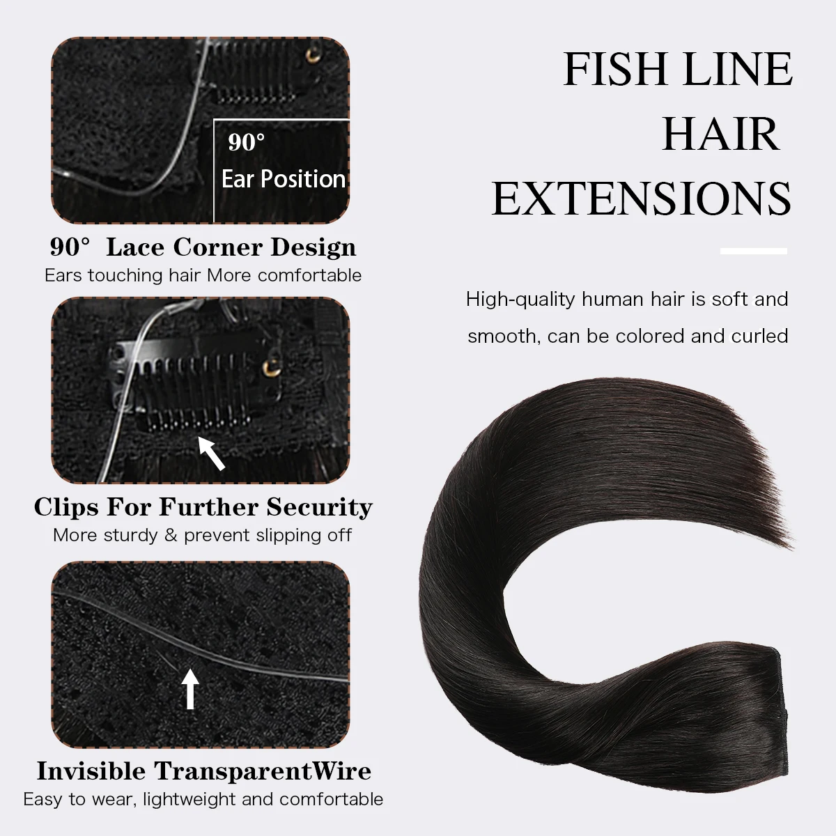 Natural Black Invisible Wire Hair Extensions 12-24 Inch Real Human Hair Transparent Fish Line Clip-Ins 100% Remy Hair Piece - view 4