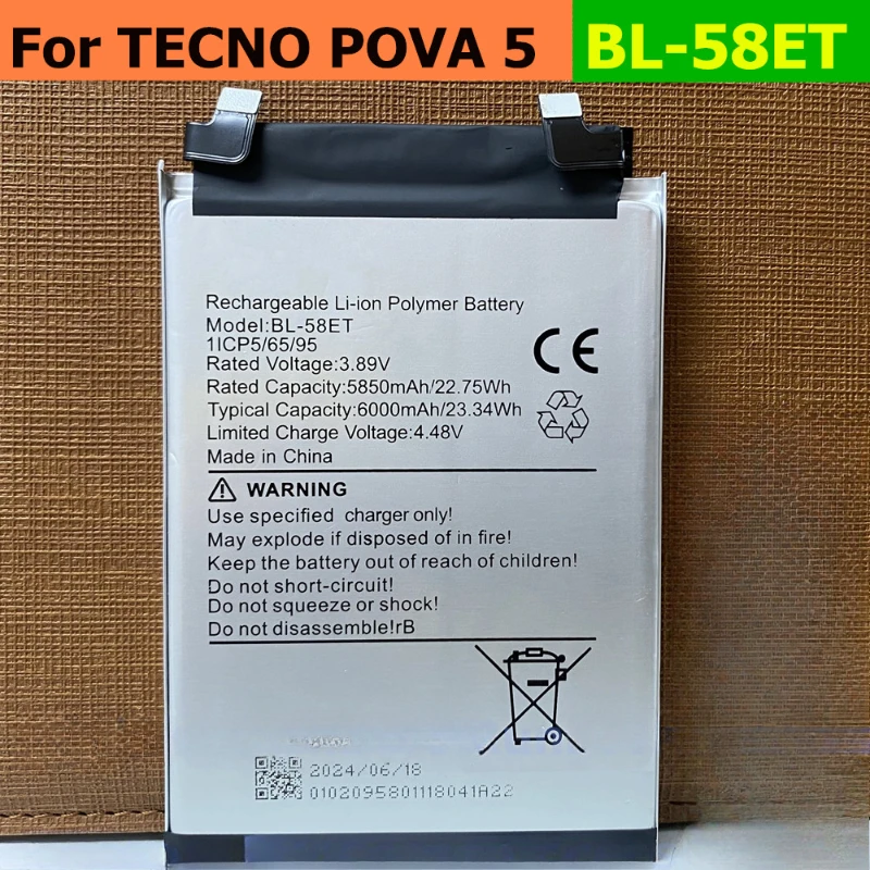 6000mAh BL-58ET Battery for Tecno Pova 5, LH7n Smart Mobile Phone Battery 3.89V Mobile Phone Batteries