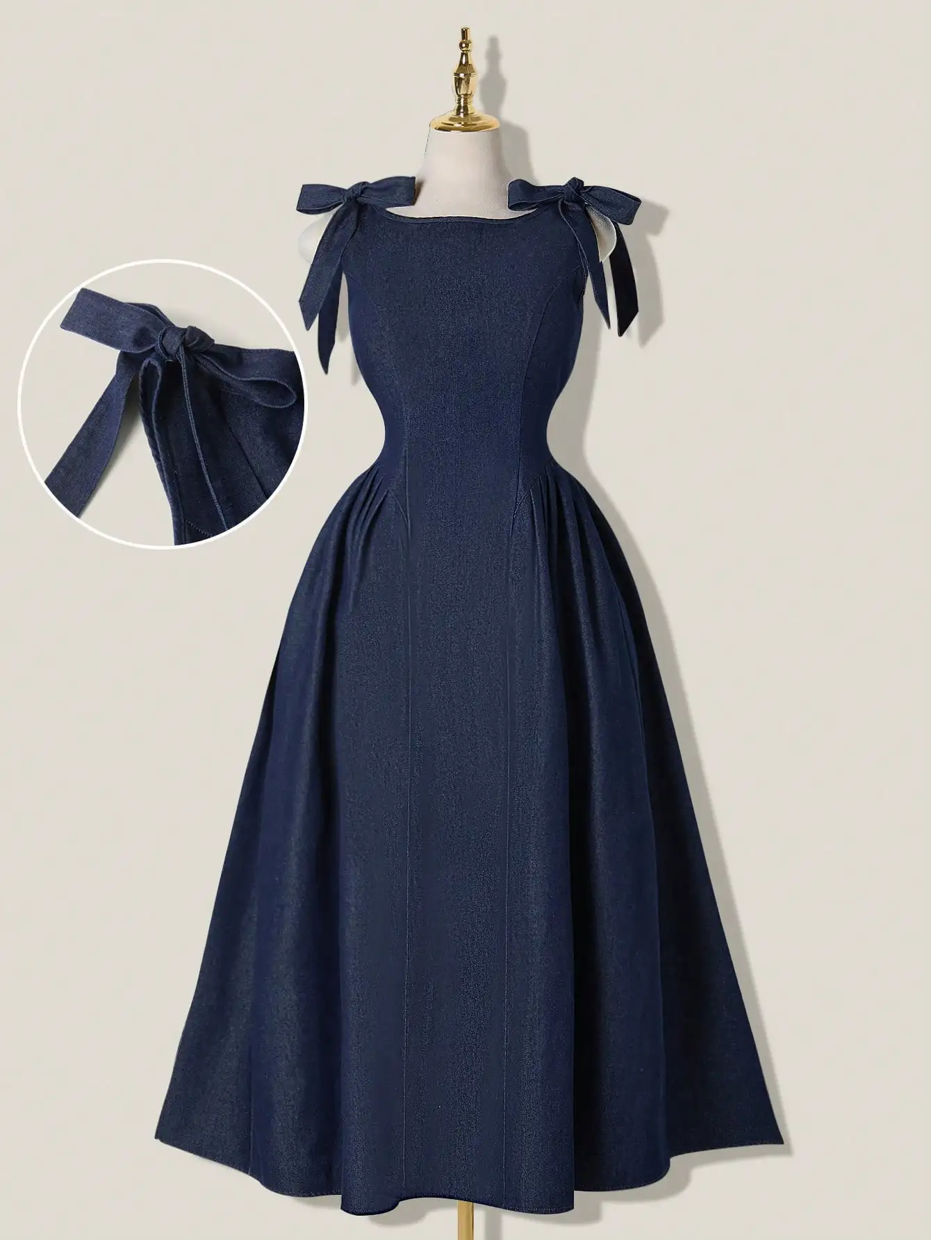 

Navy Blue Sleeveless Denim Midi Dress with Square Neck and Shoulder Bows