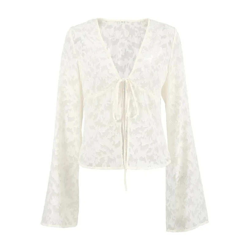 Summer 2025 Bohemian Apricot Lace Cardigan Top Women's Casual Bell Sleeve Shirt