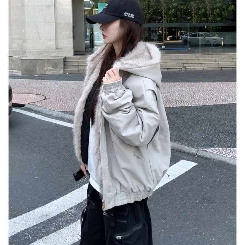 Women Korean Black Reversible Full Fur Lined Hood Baseball Cotton Coat Women  Zip Up Warm Short Winter Daily Padded Jacket