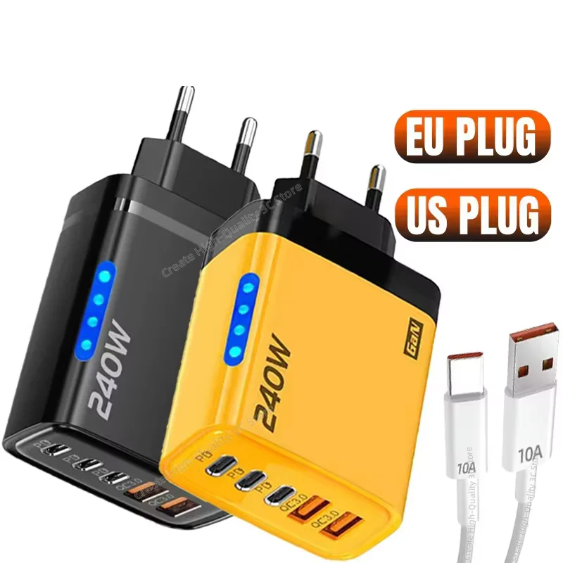 

240 Вт QC3.0 PD 5 портов GaN Быстрое зарядное устройство с вилкой европейского/американского стандарта Адаптер для зарядки телефона со светодиодной подсветкой для iPhone Samsung Xiaomi