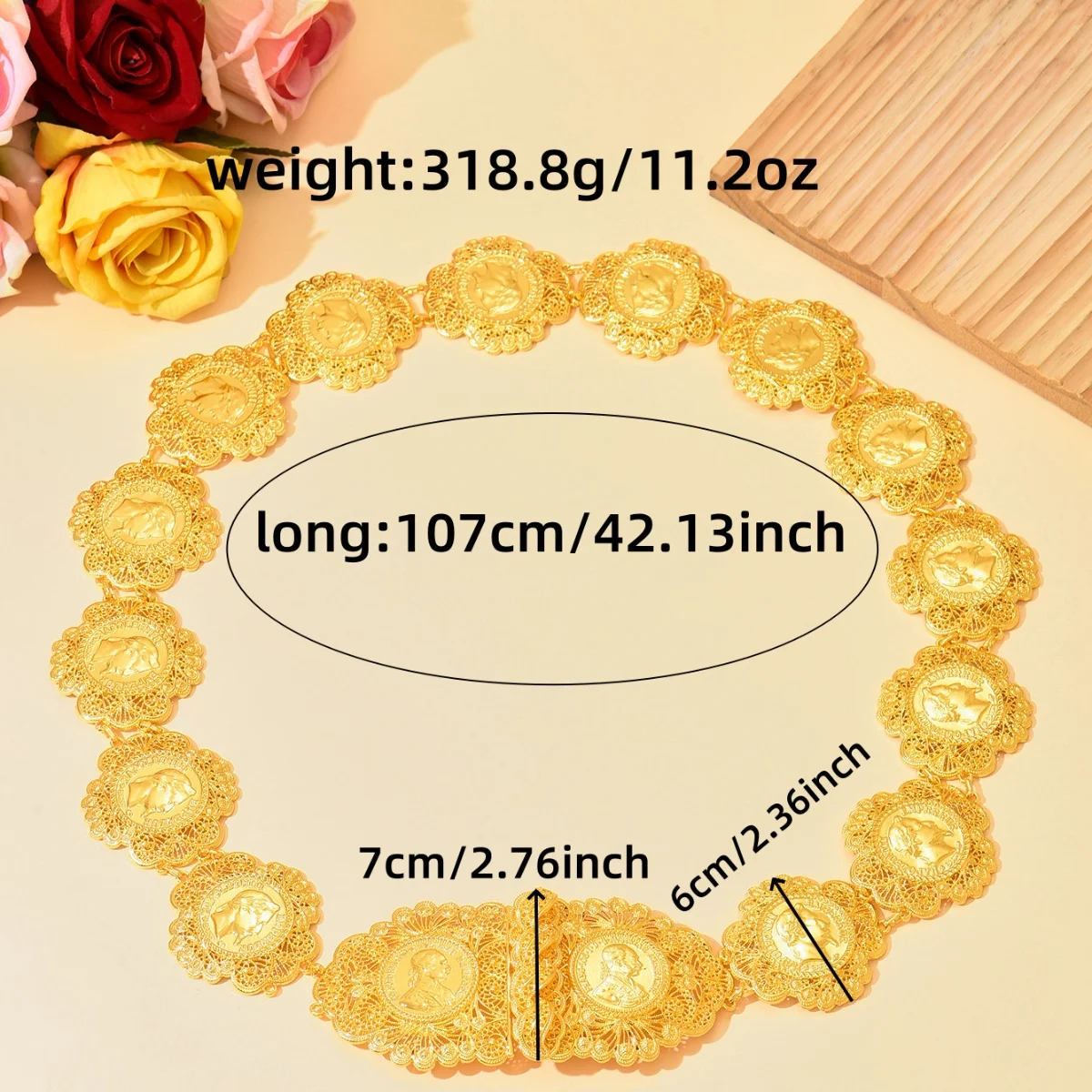 A Luxurious Golden Retro Ethnic Style Metal Hollow-Carved Round Portrait Design Adjustable Length Handmade Formal Event Belt image 5