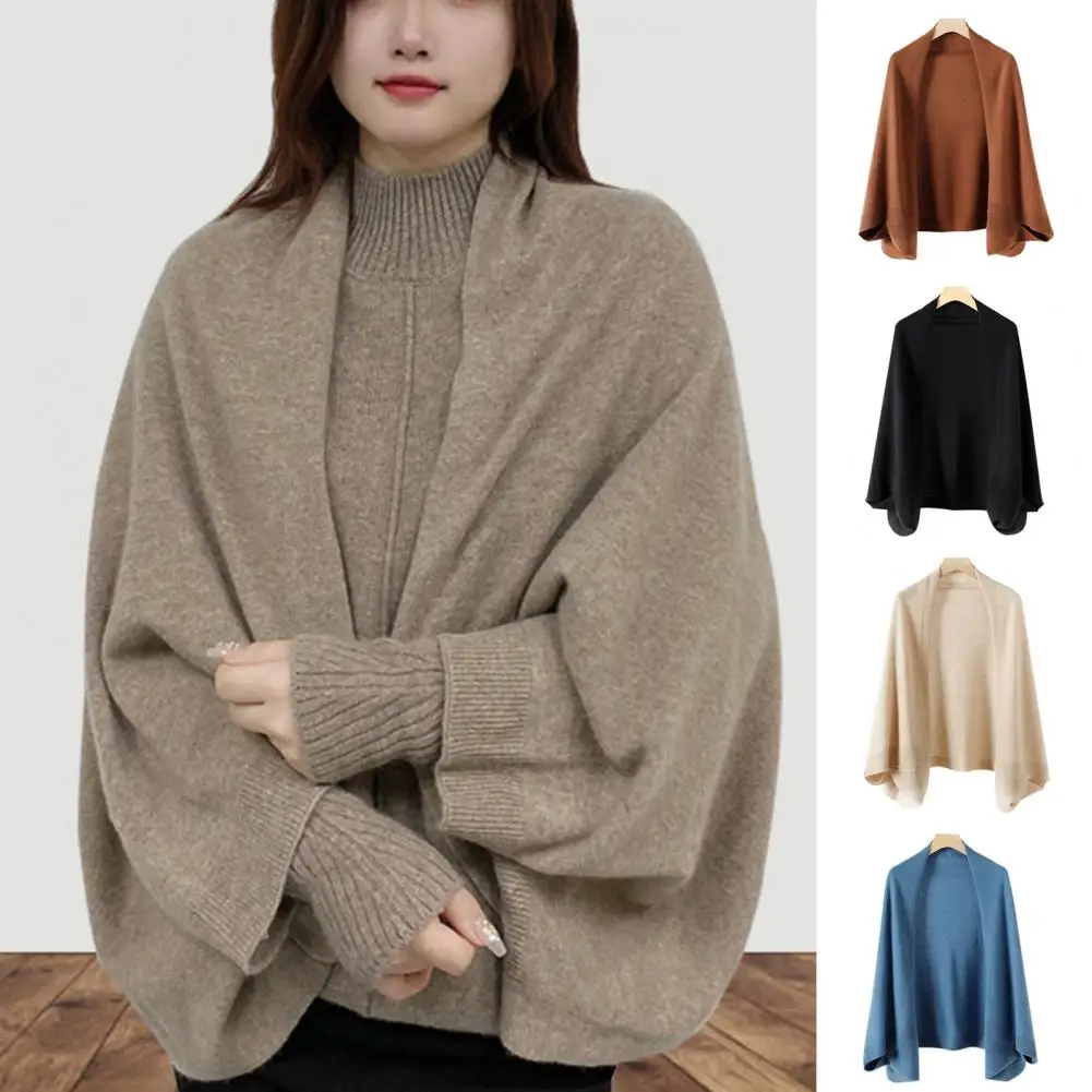 

Knitted Cable Shawl Elegant Women's Solid Color Knitting Shawl Collarless Sweater Coat with Loose Fit Long Sleeve Open Front