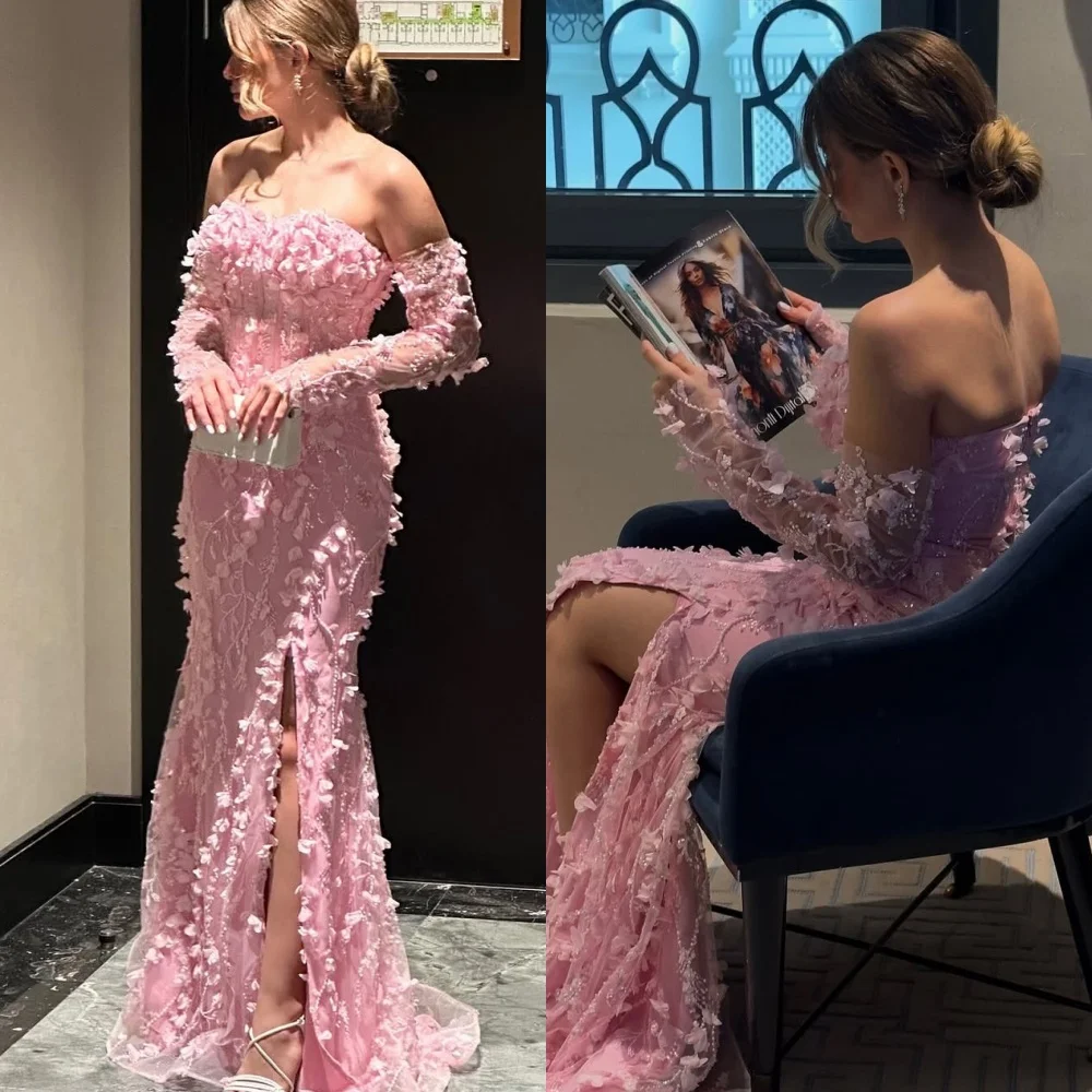 

Customized Exquisite Strapless Tulle Flowers Evening Dress Temperament Detachable Sleeve Prom Dresses Delicate Party Gowns
