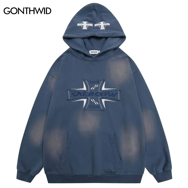 Vintage Hoodies Streetwear Embroidered Patch Oversized Hooded Sweatshirt Y2K Men Harajuku Hip Hop Punk Gothic Pullover Hoodie