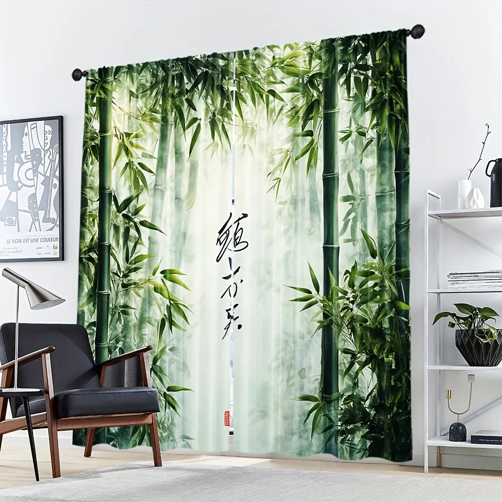 Luxury Bamboo Forest Curtains Green Tropical Nature Window Drapes Japanese Zen Style Polyester Filter Screens for Living Room De
