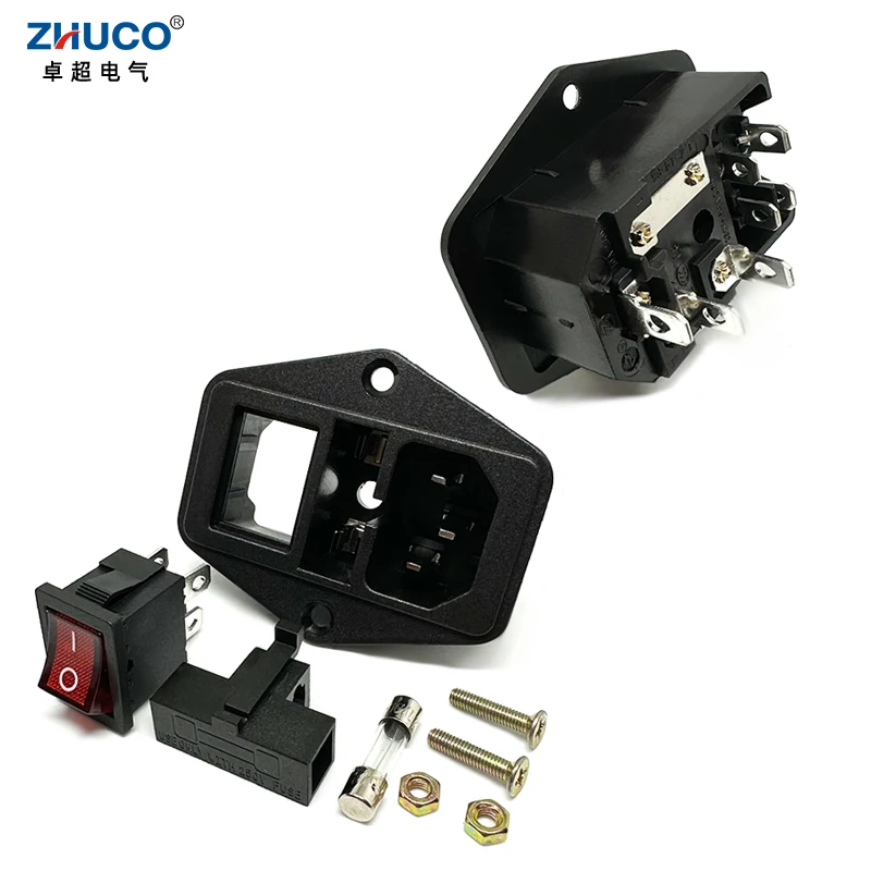 1PC LZ-14-F5 IEC320 C14 Panel Mounted Plug AC Electrical Inlet Module Power Socket With 10A Fuse And Red 250V LED Rocker Switch