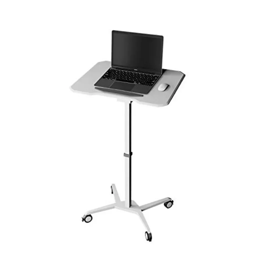Pneumatic Adjustable Rolling Laptop Cart with Tilt Top and Wheels, White Desk