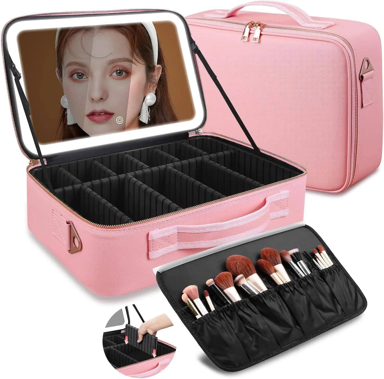 Large Capacity Makeup Bag 15''X11'' with LED Mirror 3 Color Light Makeup Case Organizer Travel Cosmetic Bag