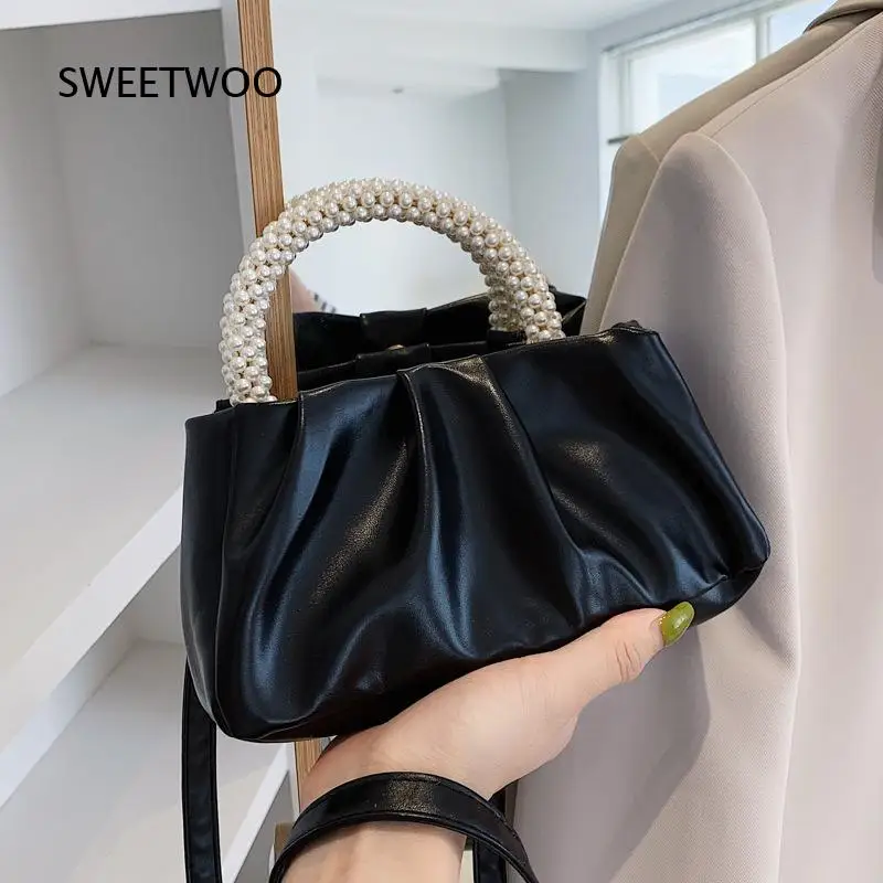 White Pleated Faux Leather Handbag Pearl Beaded Top Handle Removable Strap Elegant Wedding Party Evening Crossbody Purse