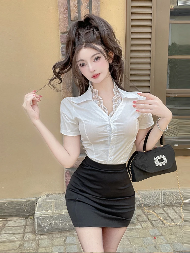 

Sexy White Neck Lace Short Sleeve Shirt And Skirt Set Women's Fashion Slim Fit Summer Outfit High Waist Pure Color