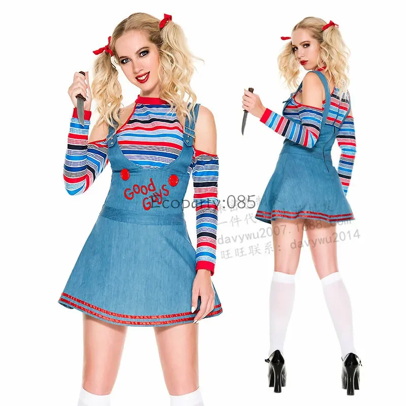 Halloween lalka duch Cosplay Chucky kostiumy dla kobiet strój dla dorosłych dziewcząt fantazyjne sukienki karnawał Horror duch lalka kostium klauna