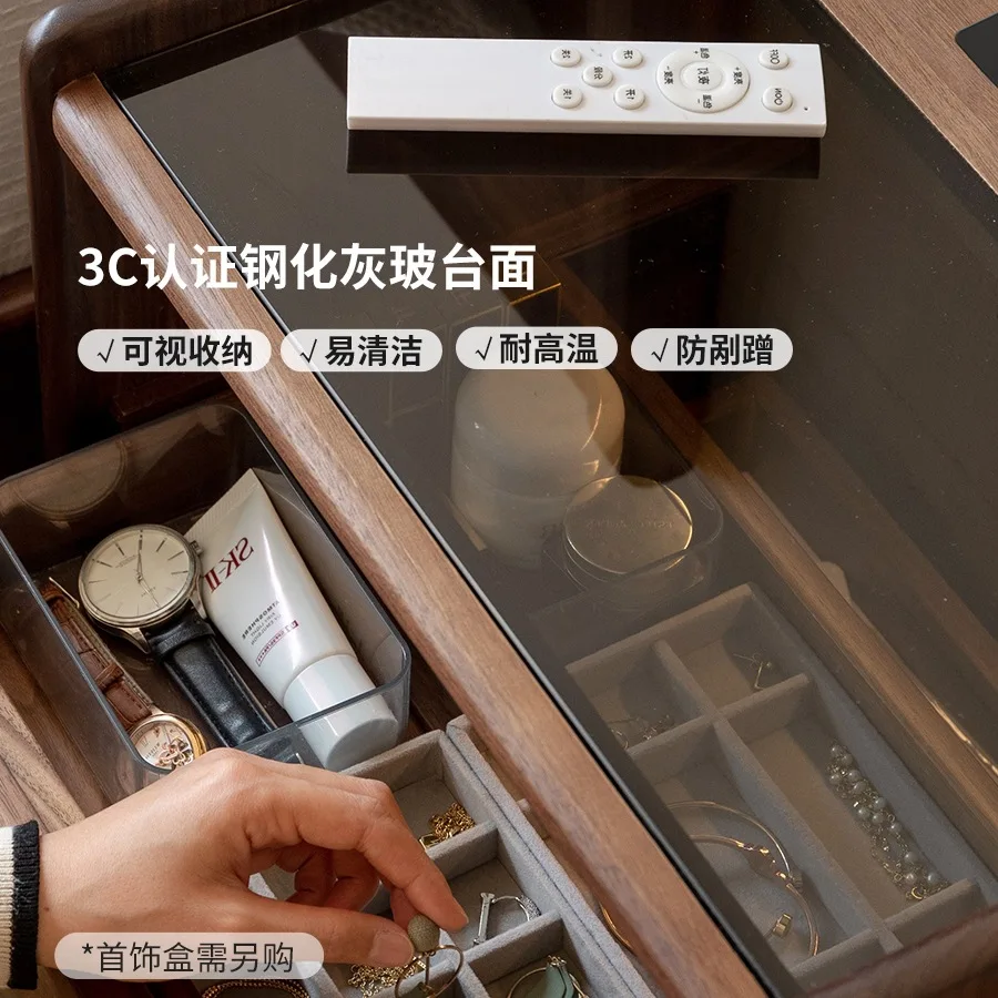 طاولة بجانب السرير من الخشب الصلب، طراز فاخر خفيف مع مقبس، خزانة صغيرة بجانب السرير، خزانة بأدراج منزلية من خشب الجوز الأسود #3