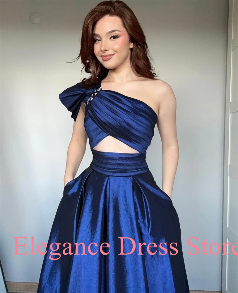 Customized Temperament One Shoulder Pleats Crystal Evening Dresses Graceful Satin Pleats Blue Vestido De Festa Vestido