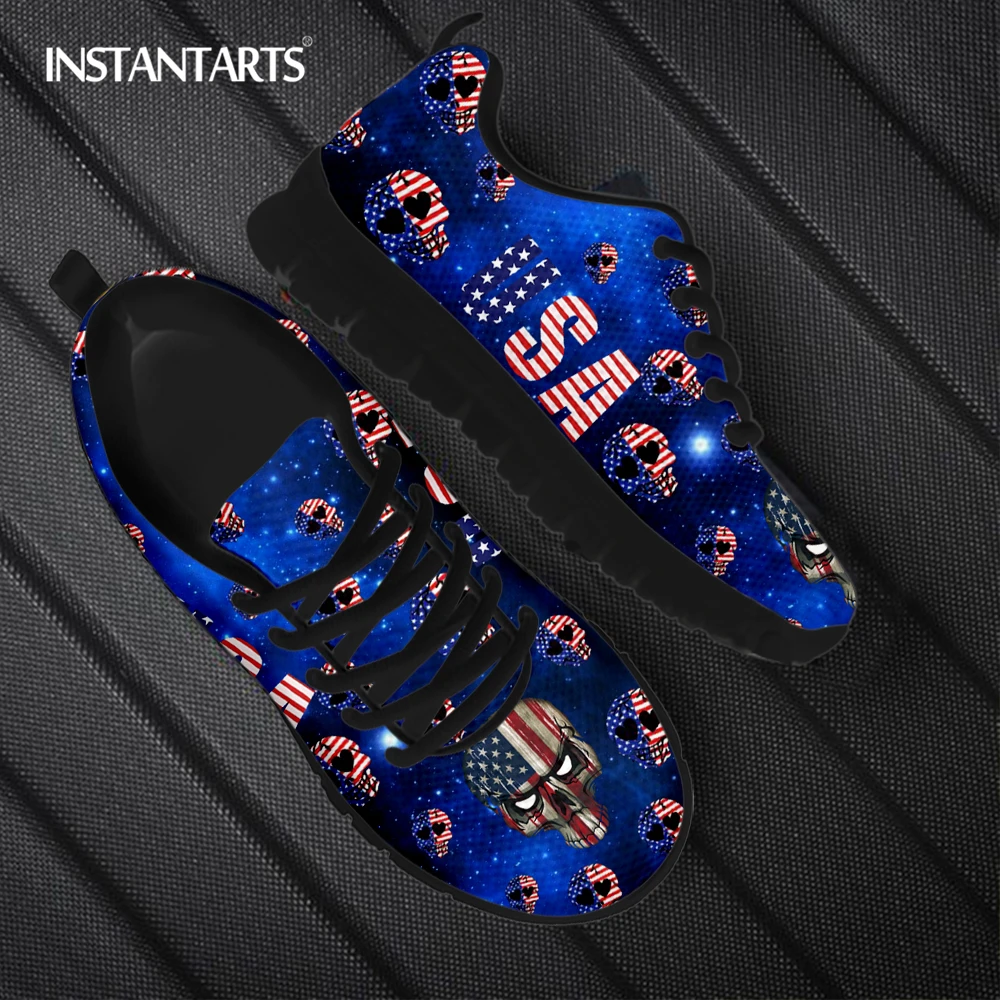 

Женские кроссовки для бега INSTANTARTS, стильные кроссовки в американском стиле, с черепом и Галактикой, на шнуровке, Повседневные Легкие кроссовки в сеточку с американским флагом