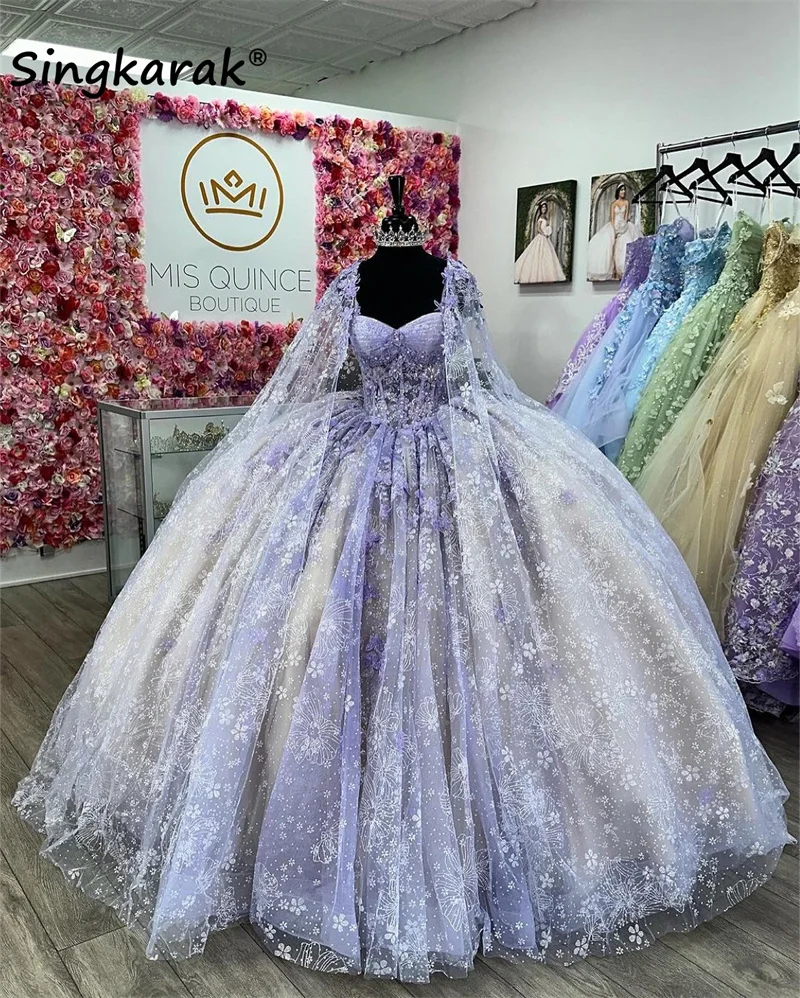 Robe de Rhprincesse violette avec cape, robes Quinceanera, appliques de fleurs, perles, 15 Anos, luxe doux, robe 16e