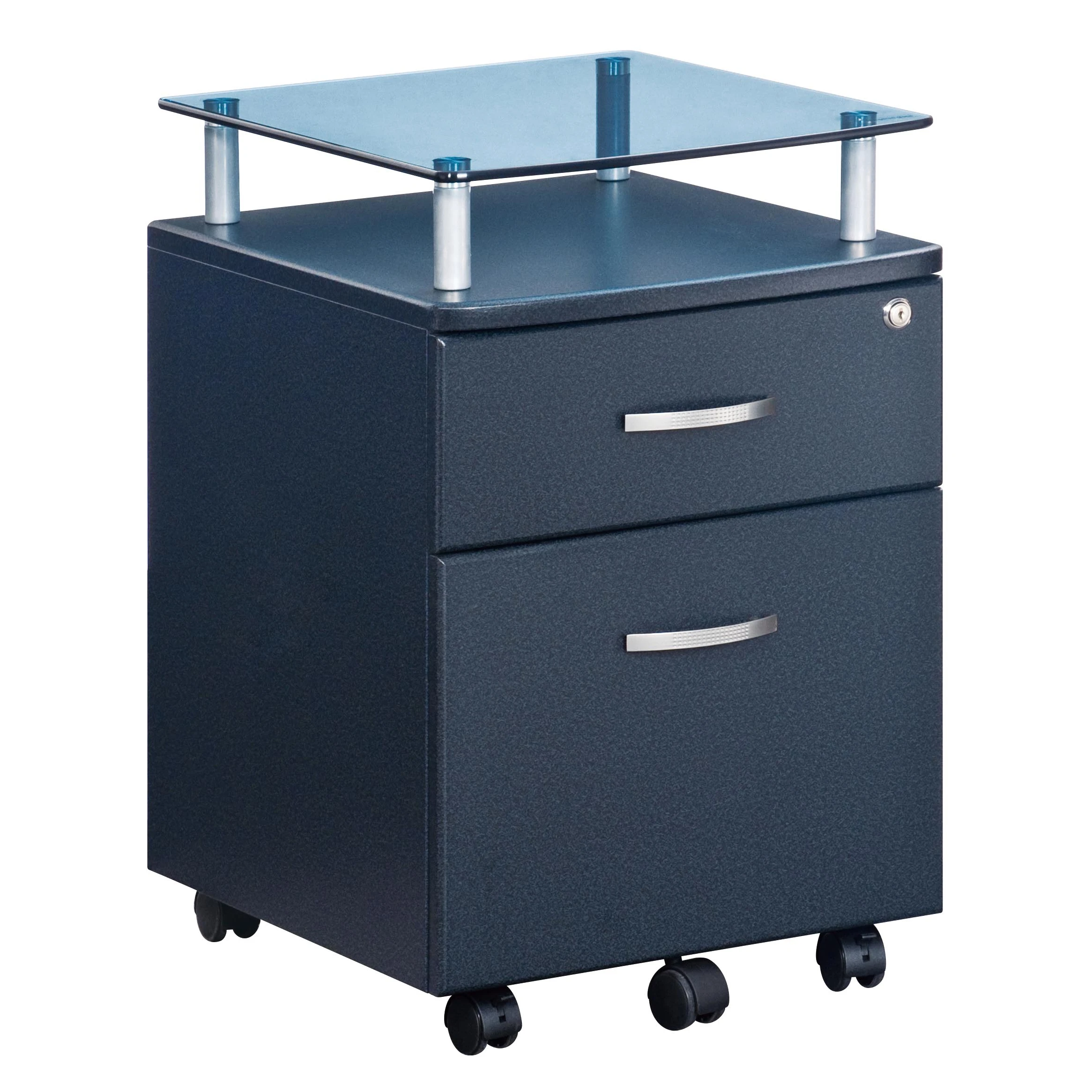 16x16.5x24 Inch Rolling File Cabinet MDF Panel with Glass Top & 1 Large 1 Small 2 Drawers Graphite[US-W]