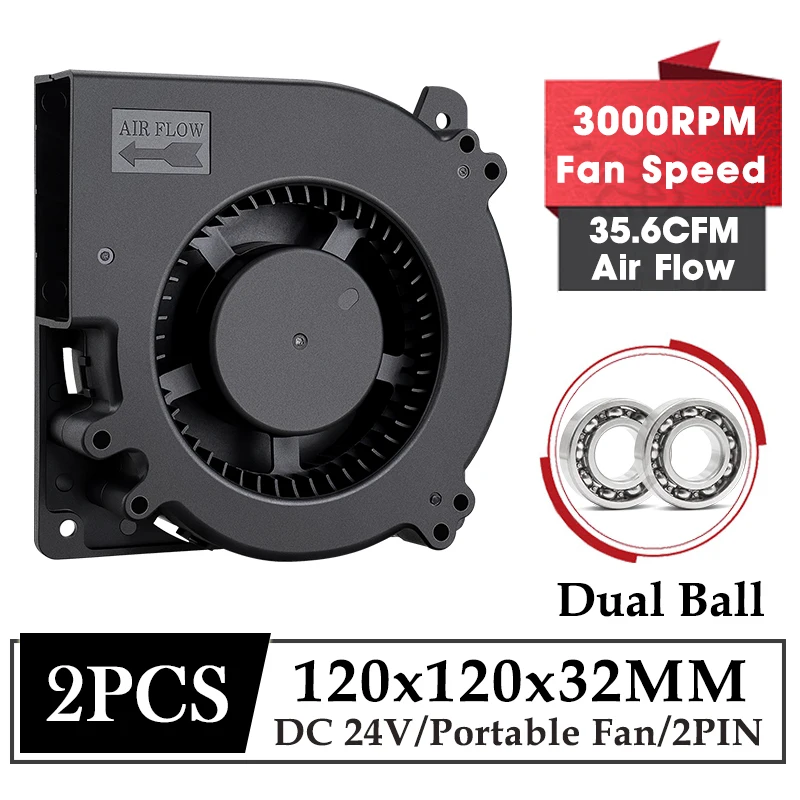 2 Pcs Gdstime DC 24V 12mm 120mm x 120mm x 32mm Dual Ball Industrie Tragbare kühler Fan 120x32mm 12cm PC Turbo Gebläse Lüfter