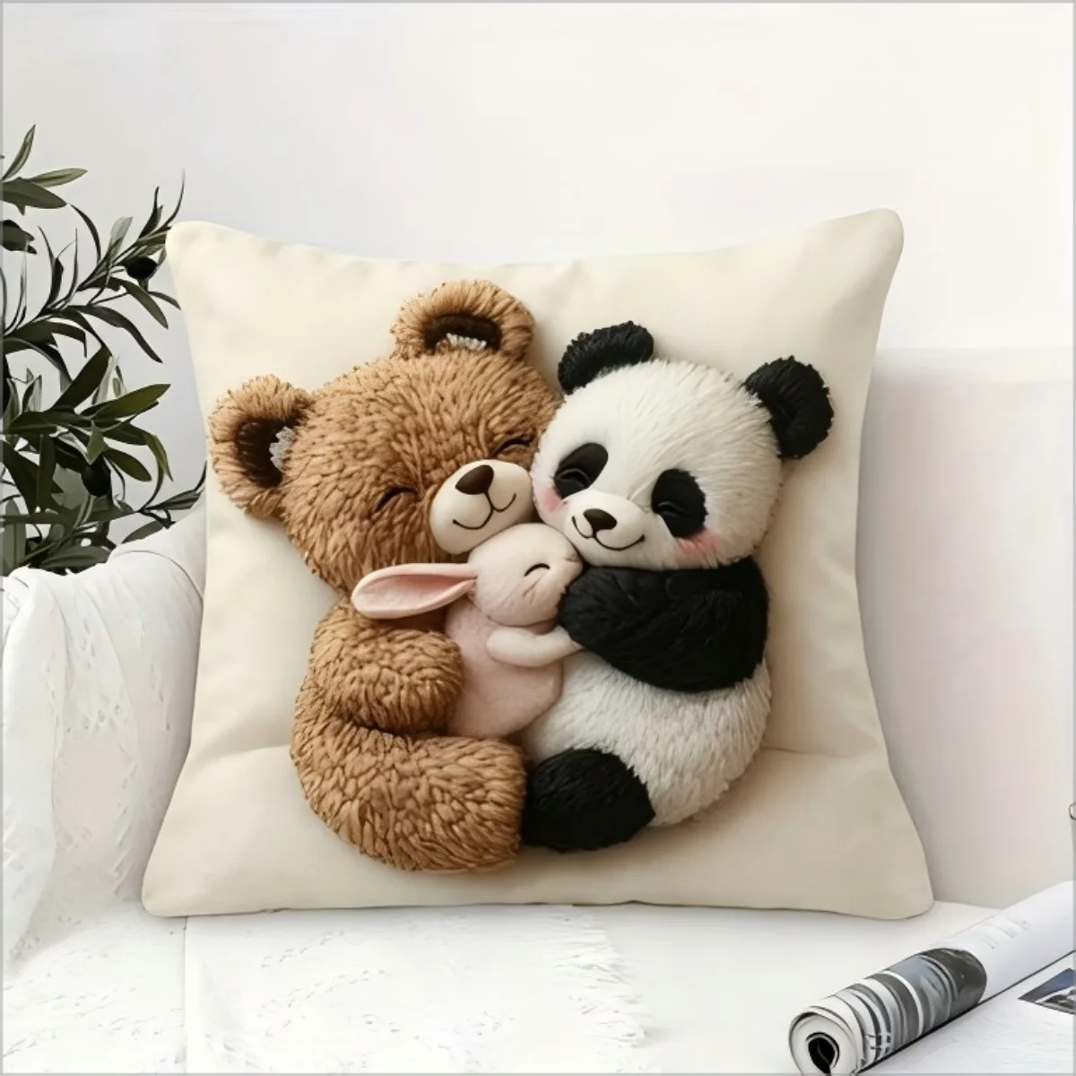 Cute Panda Bear Bunny Pillow Cover 2D Faux Embroidery Print Cushion Case Kids Nursery Home Decor Gift