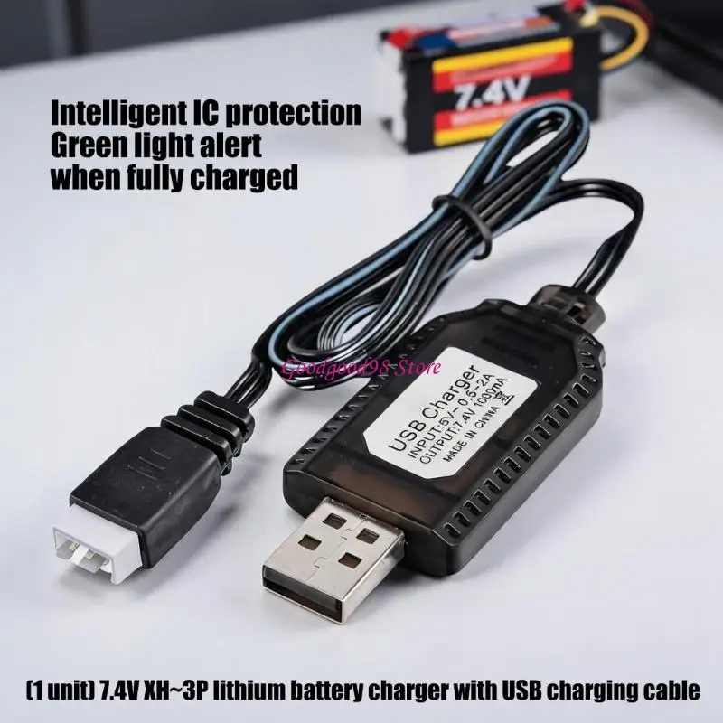 USB Power Cable for 7.4V Battery, Black 55 Wire with 3 Pin End