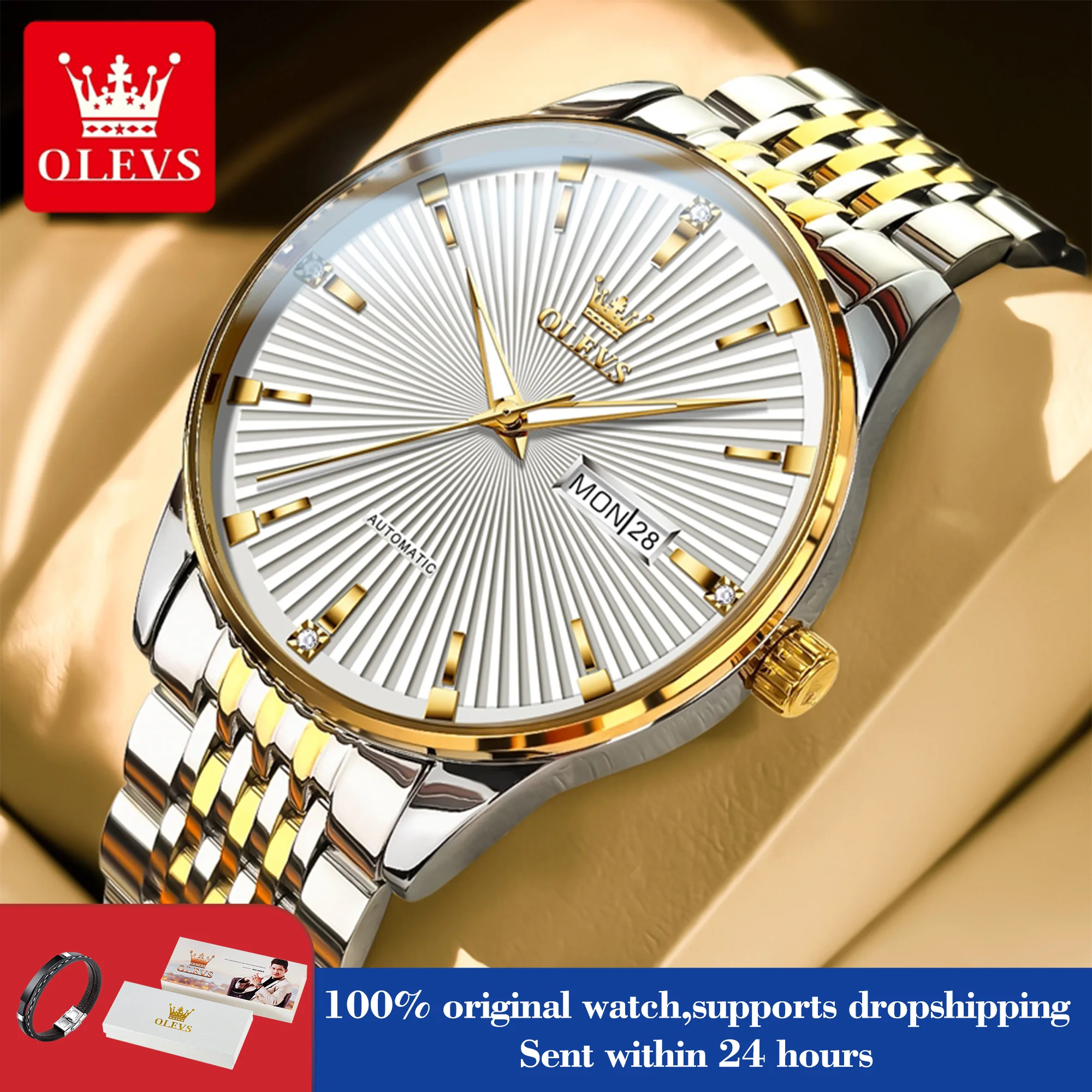 

OLEVS 6653 мужские часы, роскошные оригинальные автоматические механические часы для мужчин, 40 мм, большой циферблат, двойной календарь, мужские ручные часы, водонепроницаемые