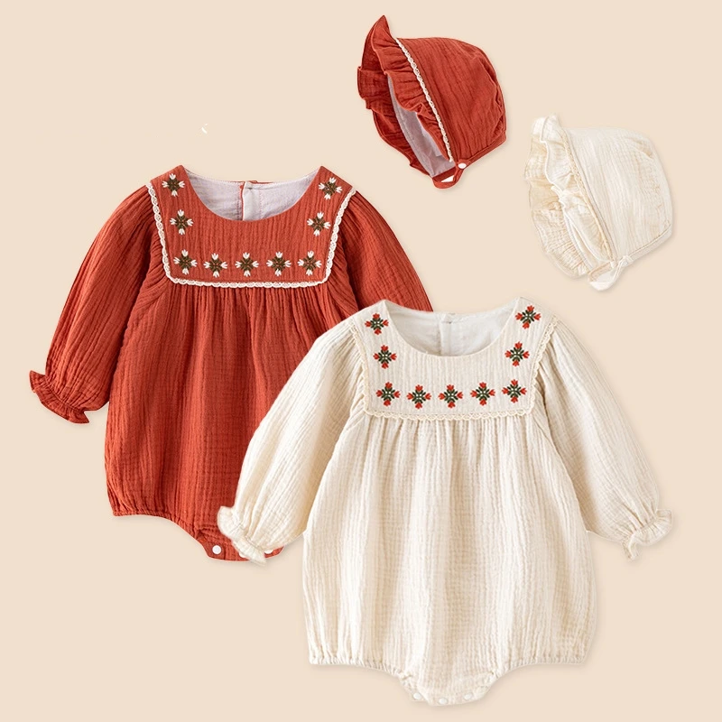 

Newborn Baby Bodysuits Embroidery Long Sleeved Cotton Infant Jumpsuit Girls Onesie for Autumn Spring