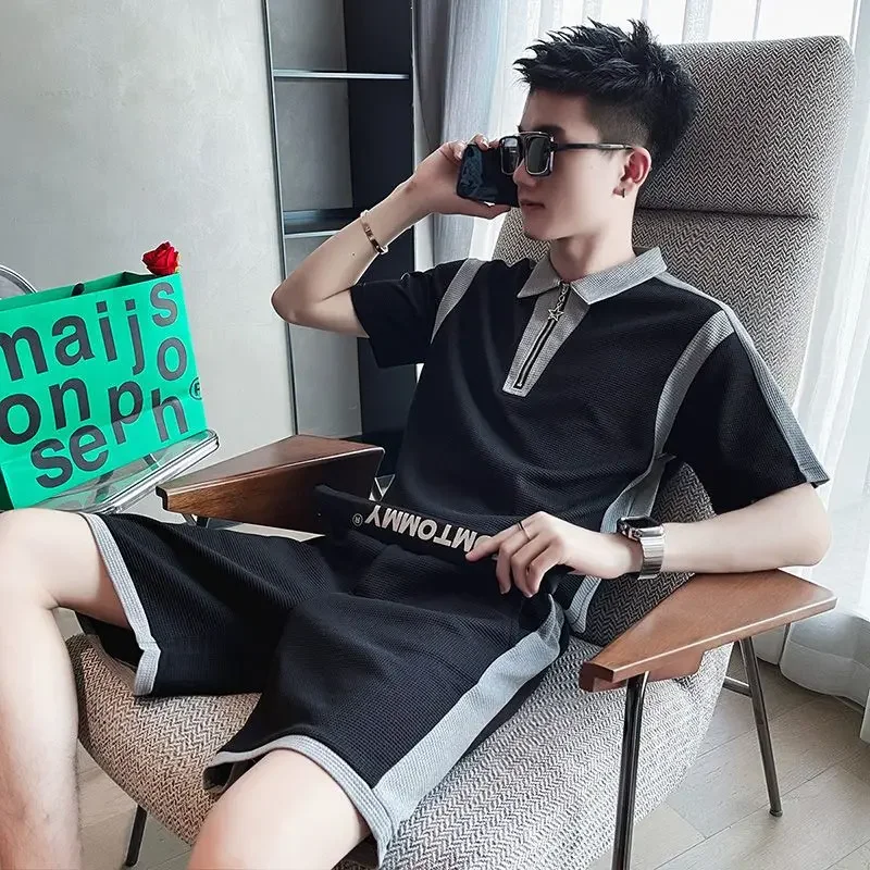 Plain Male Polo T Shirt Shorts Sets Korean Style Top Elastic Sweatshirt High Quality New In Matching Cool Loose Clothes for Men