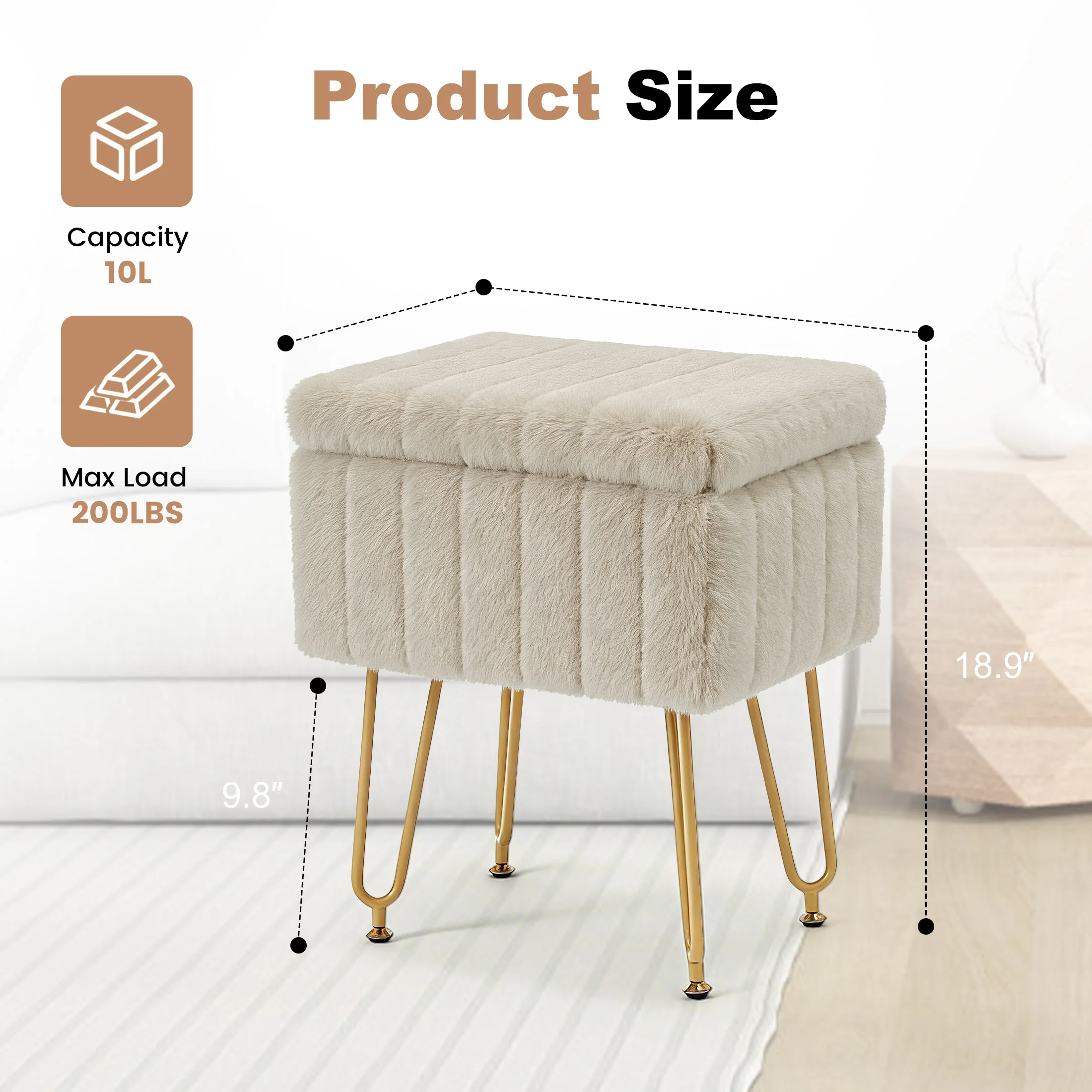 JHK Ottoman Faux Fur Vanity Stool Chair with Storage Padded Makeup with 4 Metal Legs Anti-Slip Adjustable Feet Living Room Hidden Storage Stools for Home Entryway