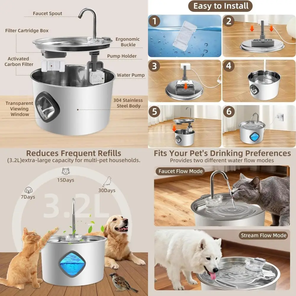 

Cat Water Fountain Stainless Steel,108oz/3.2L Cat Fountain for Drinking- Pet Water Fountain Inside，Super Quiet Automatic Dog Wat