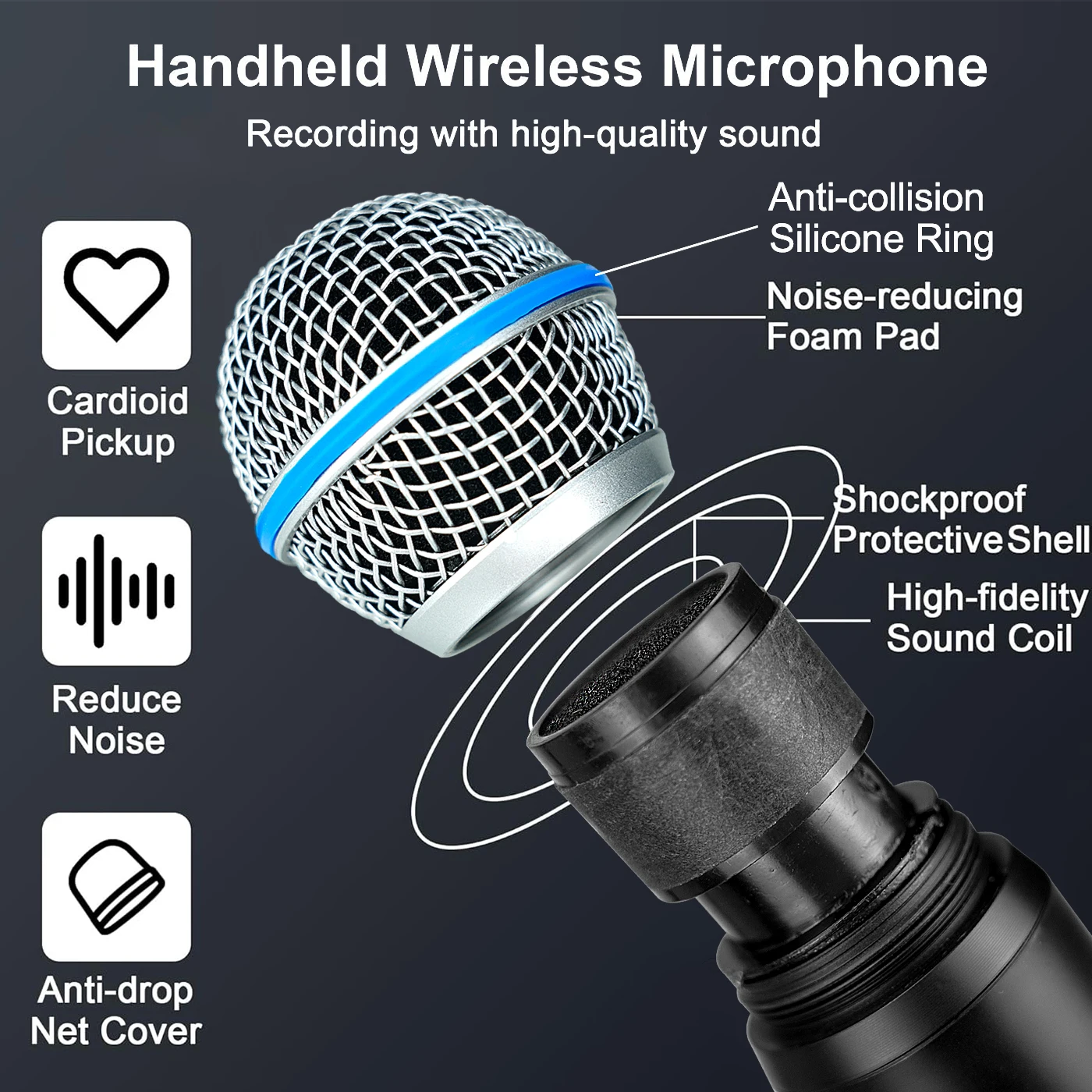 Wireless Microphone Rechageable Dual Cordless Dynamic Mic System for karaoke Singing Dj Microphone