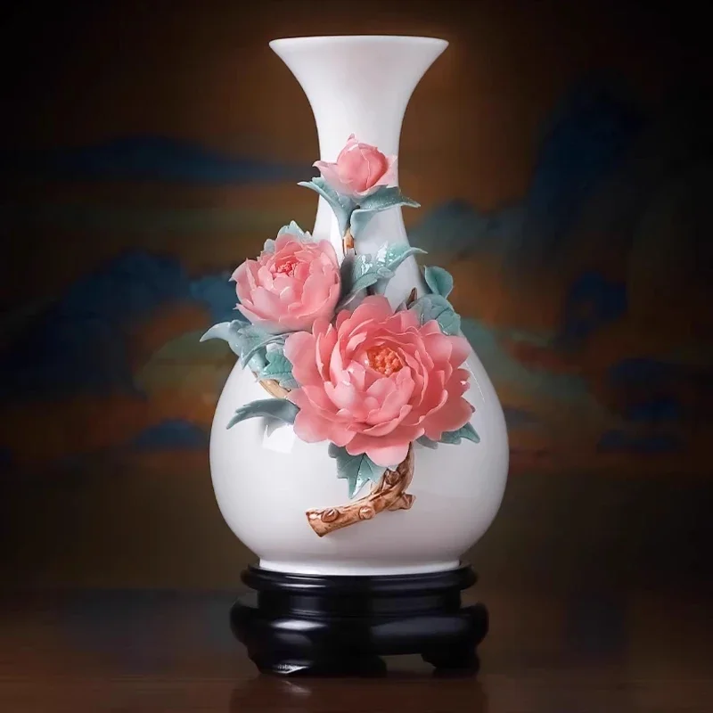 

Chinese ceramic peony handmade vase ornament living room flower arrangement home high-end light luxury TV cabinet