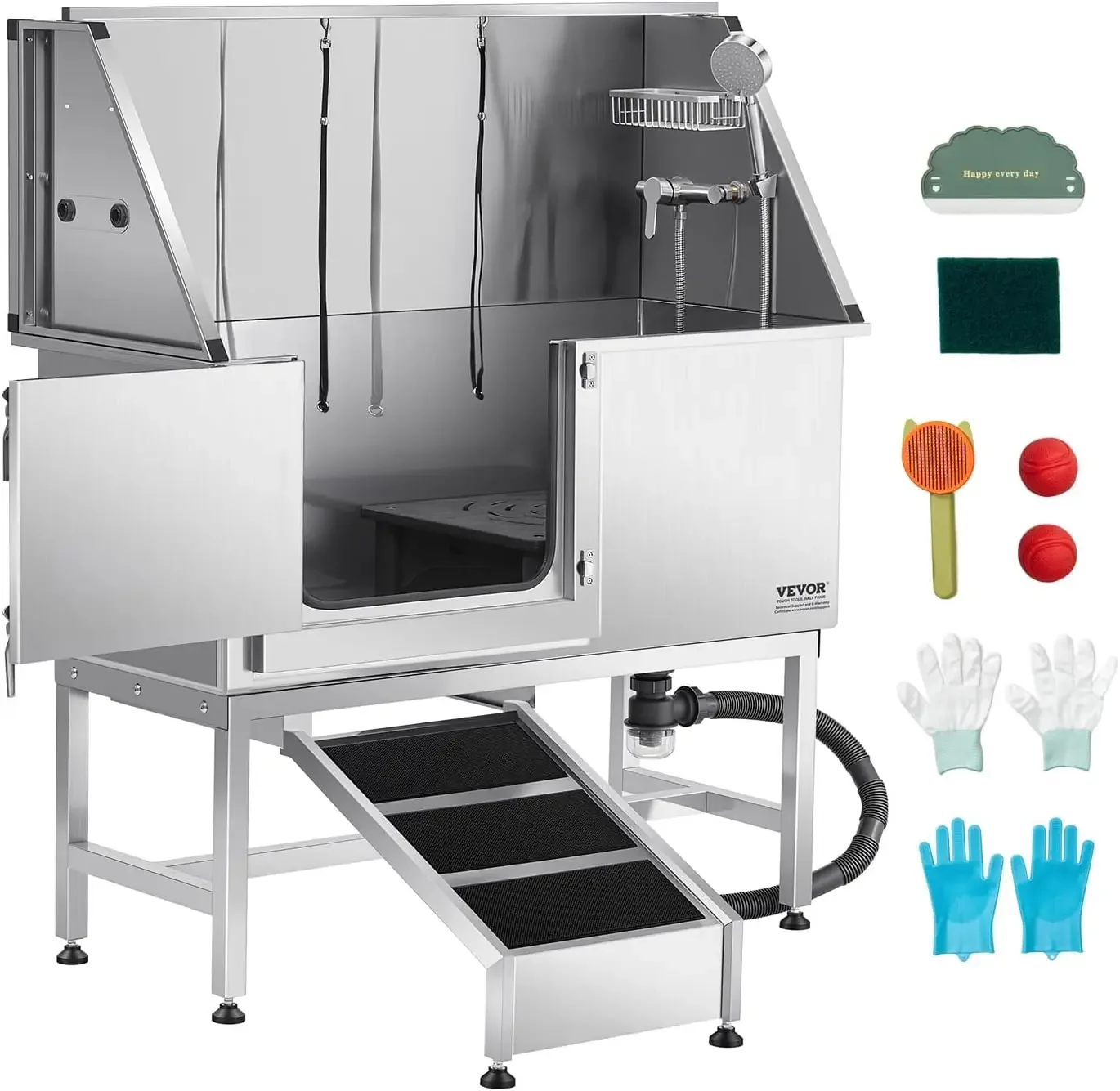 Stainless Steel Dog Washing Station, 50 inch Pet Grooming Tub w/Ramp, PE Water Filter Board, Faucet & Showerhead & Soap Holder