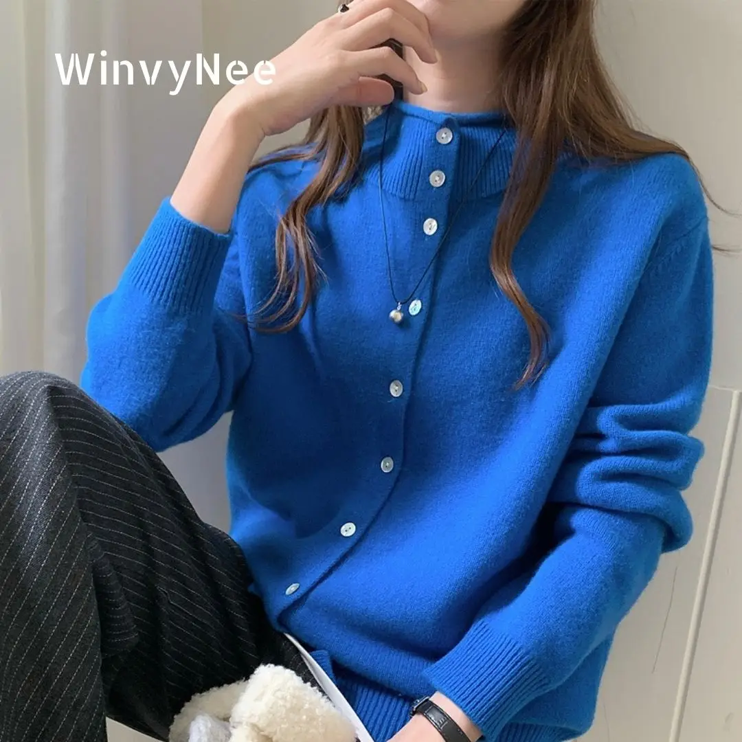 

WinvyNee Women's Clothing O Neck 100% Wool Cardigan High Collar Solid Knit Tops Women Sweater Outerwear Blouse Jumper B1523044