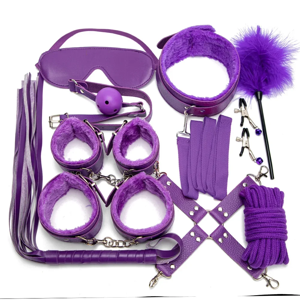 Sexy Leather BDSM Kits Handcuffs Nipple Clamps Whip Spanking Plush Sex Bondage Set Handcuffs Sex Games Sex Toys for Women Men