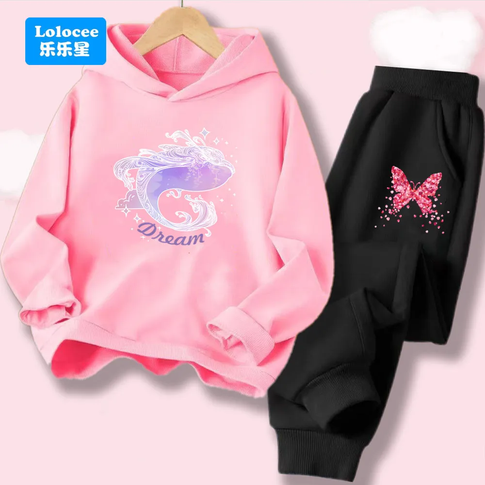 Girls' Hoodie Set Cartoon Whale Print Hoody Sweatshirt + Pants 2pcs Kids Casual Outfit Brand Children's Spring Fall Clothing JY1