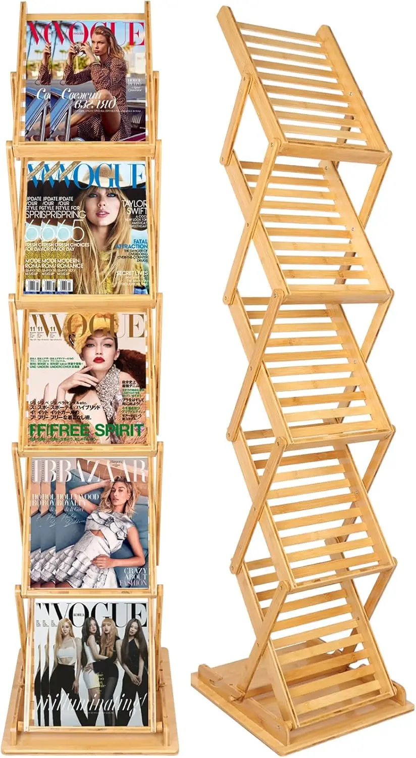 Foldable Bamboo Magazine Rack Floor, Portable Pop-up Display Stand, Magazine Rack 5 Pockets, A4 Size, for Trade Shows, O