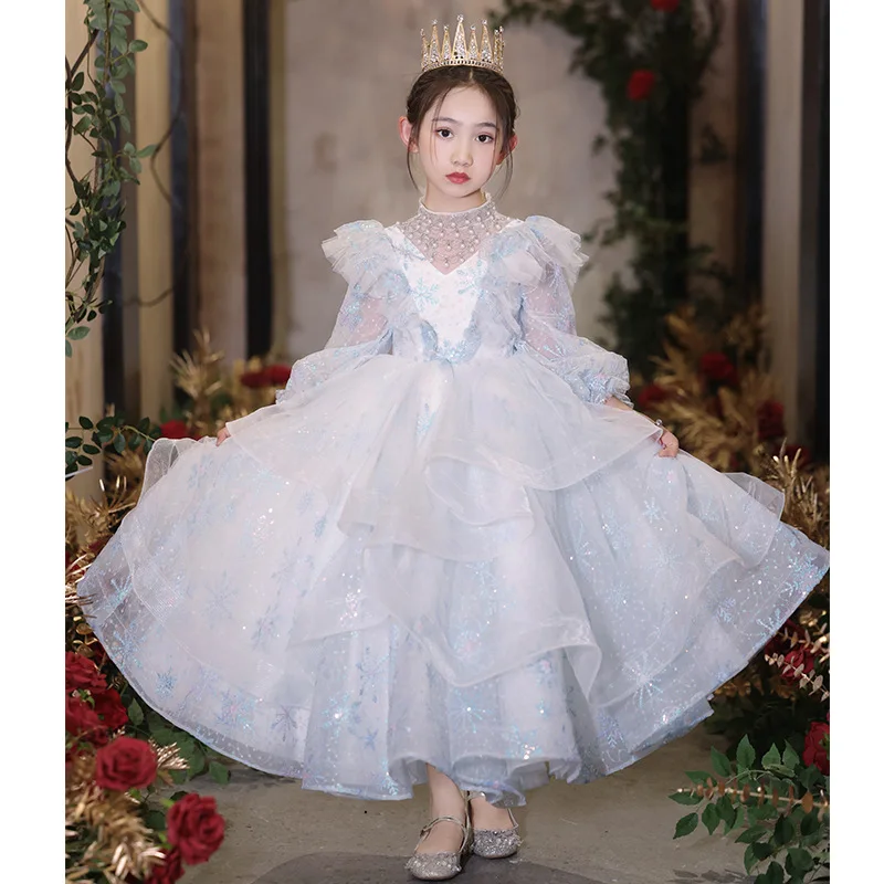 Gorgeous Girl Flower blue Shining sequin Long sleeves Princess Dress Child Birthday Party Pageant Ball Long gown Wedding dresses