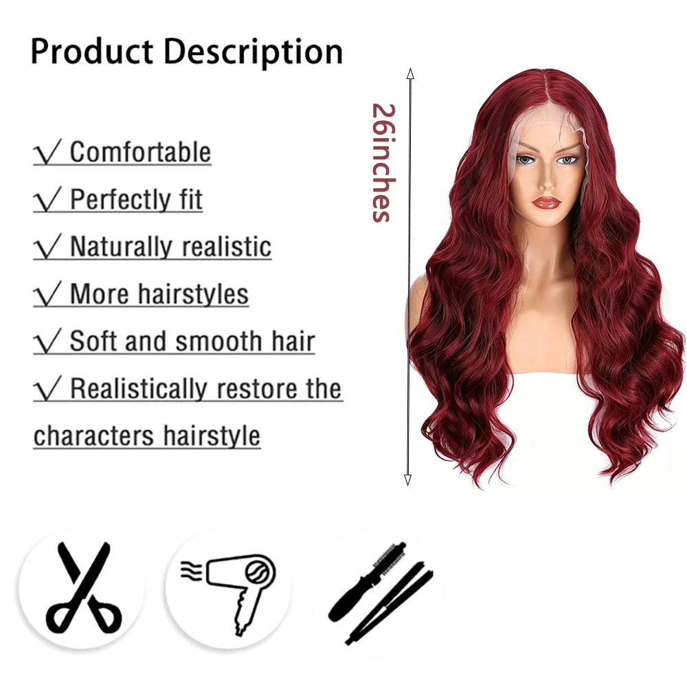 13x4 HD Lace Front Wig Burgundy Long Body Wave Natural Looking Glueless Wig Heat Resistant For Women Halloween Daily Party Wear