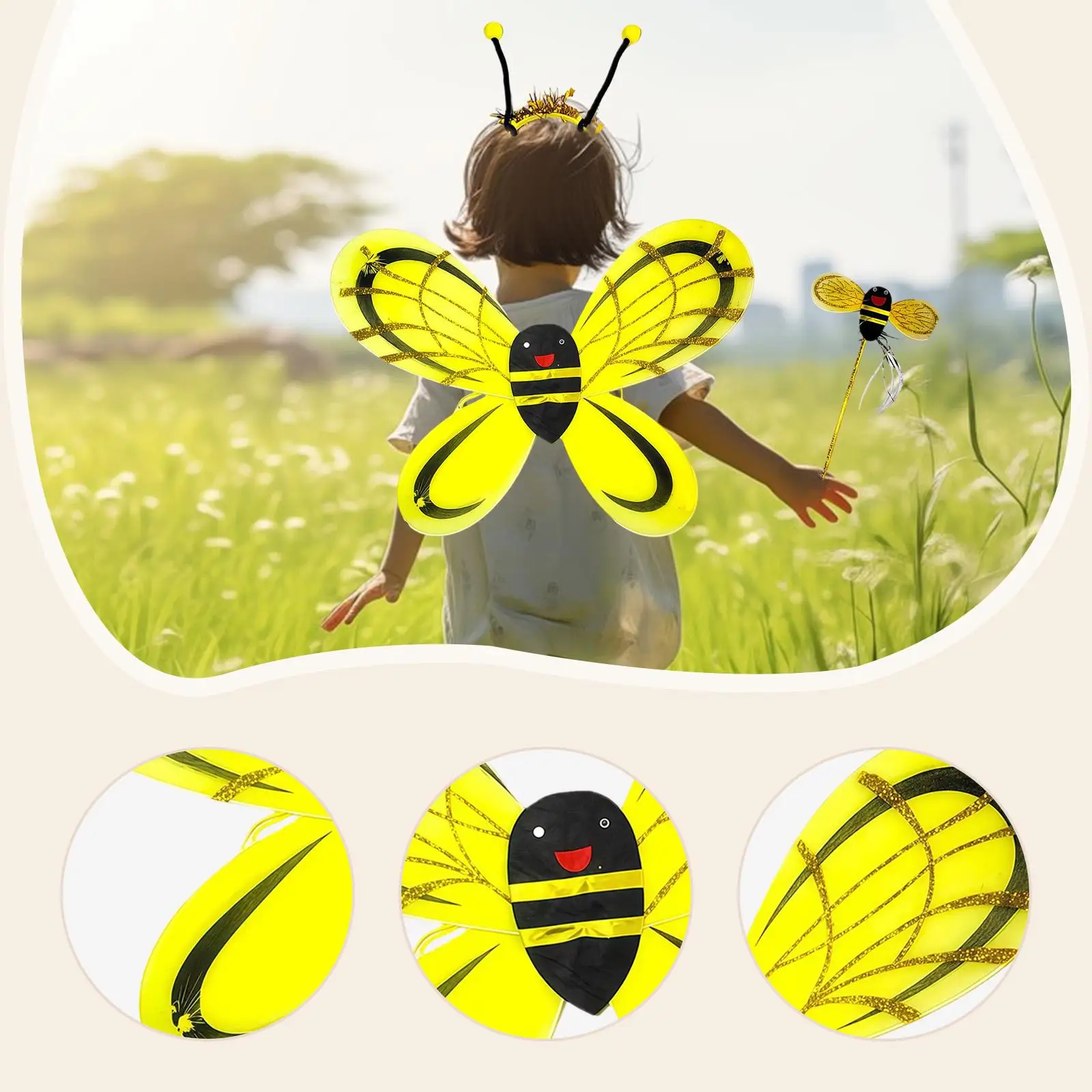Conjunto de Fantasia de Abelha para Crianças com Acessórios: Asas, Antenas, Tiara e Varinha para Encenação, Show de Palco, Baile de Máscaras e Festa de Halloween