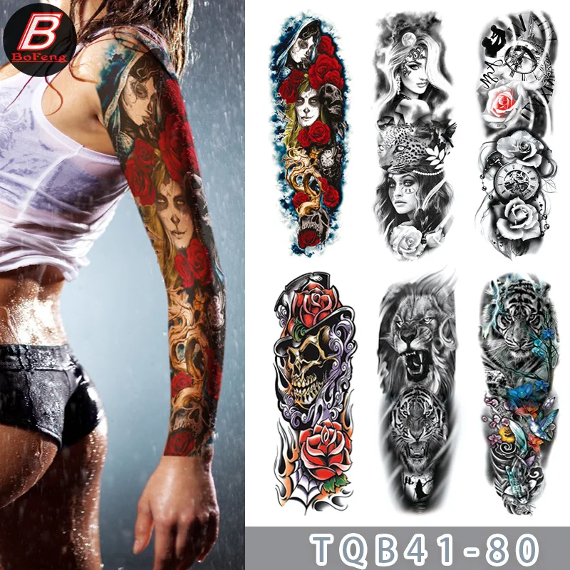 

New Full Arm Waterproof Tattoo Flower Arm Beauty Lion Large Picture Large Arm Temporary Tattoos Sticker Size:170*480mm