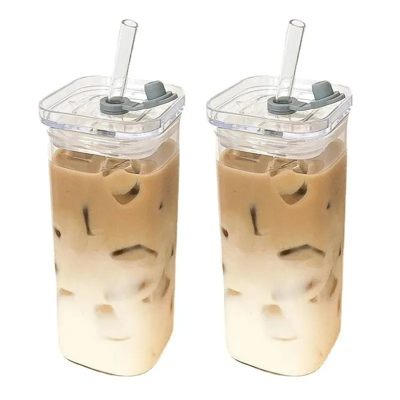 1Pcs Square Heat Resistant Coffee Glass Cup  With Lid and Straw Transparent Milk Tea Juice Cups For Home Bar Drinkware