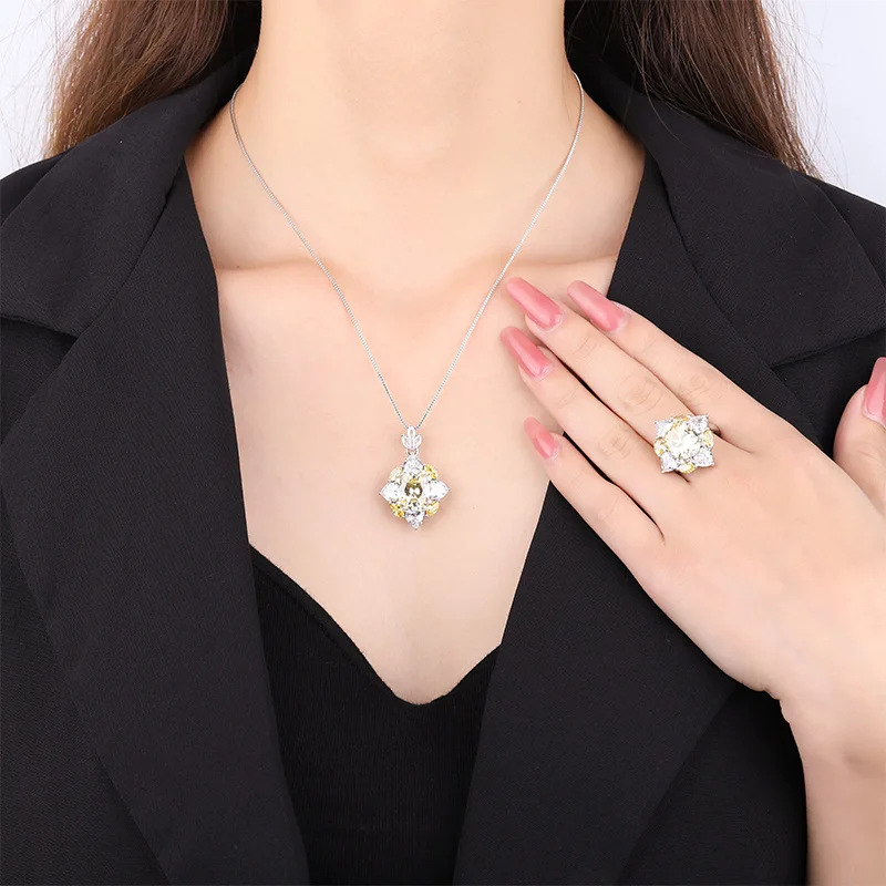 

S925 Silver Plated 18K Gold Plated PT950 Platinum Retro Style Yellow Pendant Ring Jewelry Set Main Stone 10*12