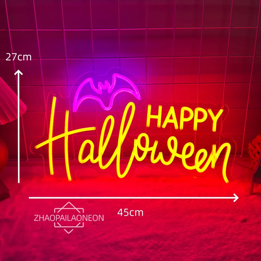 Happy Halloween Bat Neon Sign Gift For Boy Girls Room Decoration Holiday Bedroom Party Halloween Decor Wall Led Sign Letters