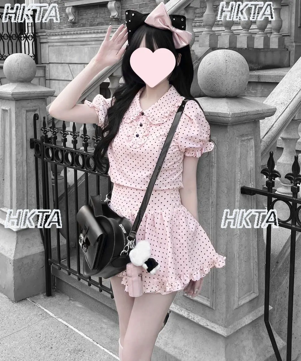 

Japanese Sweet Puff Sleeve Heart Dot Short-sleeve Tshirt Women Summer New Sweet Waist Fluffy Short Skirt Culottes 2-piece Set