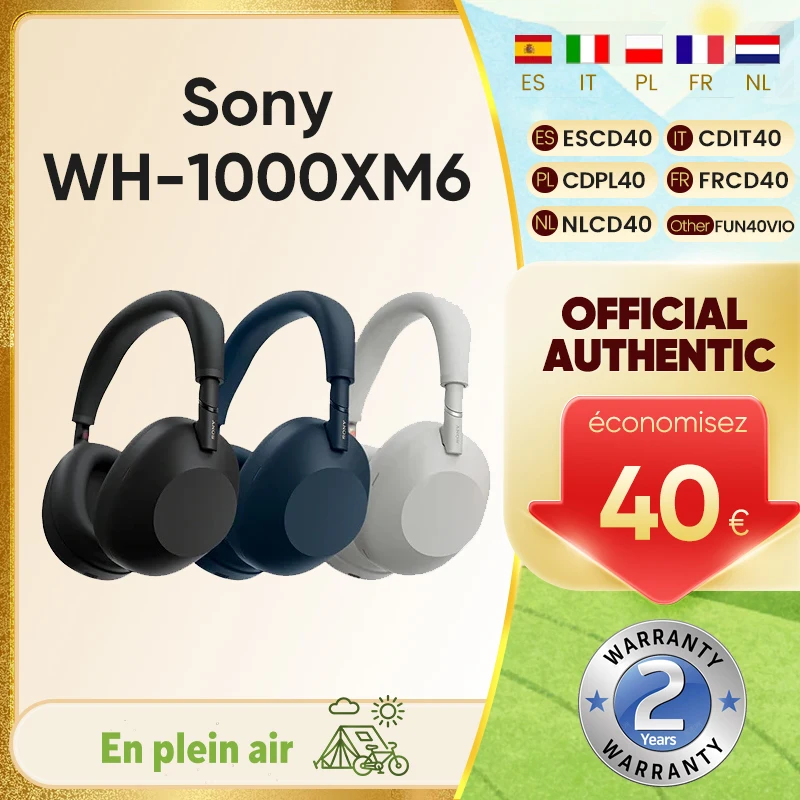 Casque sans fil à réduction de bruit Sony WH-1000XM6 original, double cœur, ultra haut de gamme, bandeau noir, 30 heures d'autonomie