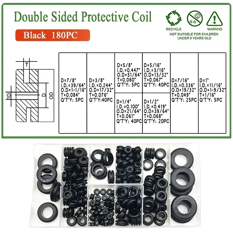 180pcs 8 Size Black Rubber Seal Ring Oil Sealing Grommet Gasket for Protect Wire Cable Hole Protection Ring Shim Washer